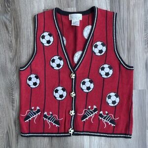 Vintage 90s Mandal Bay Womens Sweater Vest XL Red Soccer Sports Mom Grandma